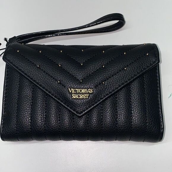 NEW Victoria's Secret V-Quilt Metallic Wallet w/ Wrist Strap black bag - Picture 2 of 7